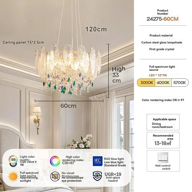 Crystal chandelier with dimensions and product details on a white background