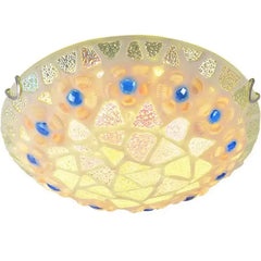 A mosaic glass seashell flush mount ceiling light illuminated from within, showcasing pastel tones and blue gem details