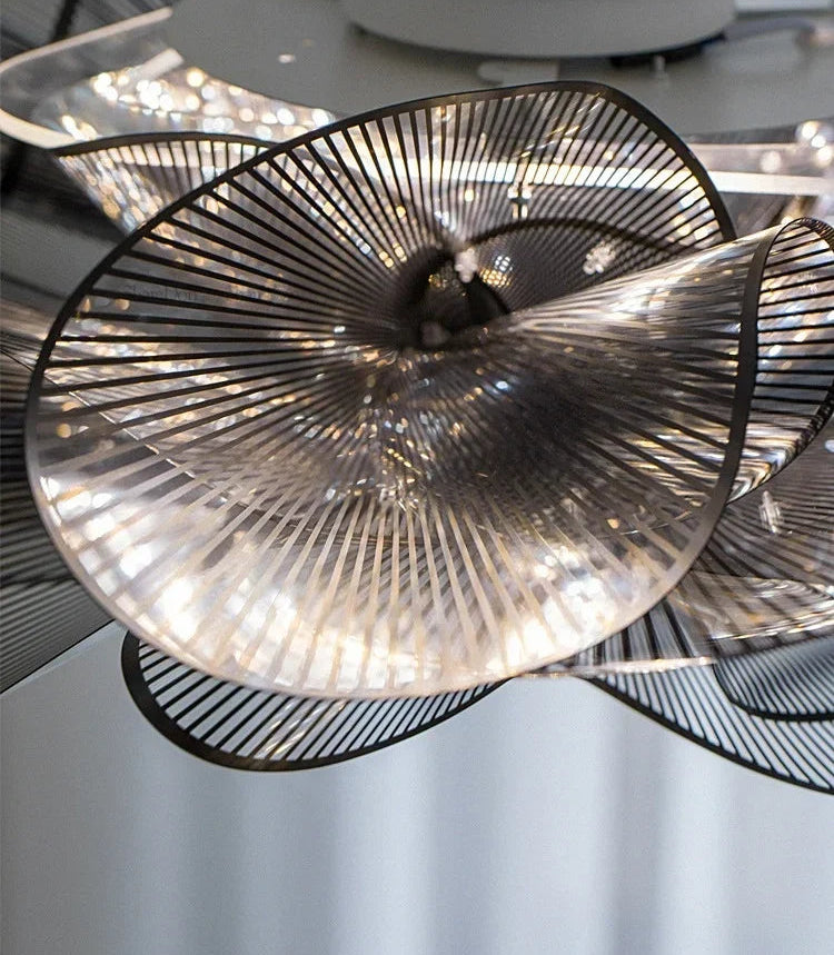Close-up of a modern ceiling light fixture with intricate design