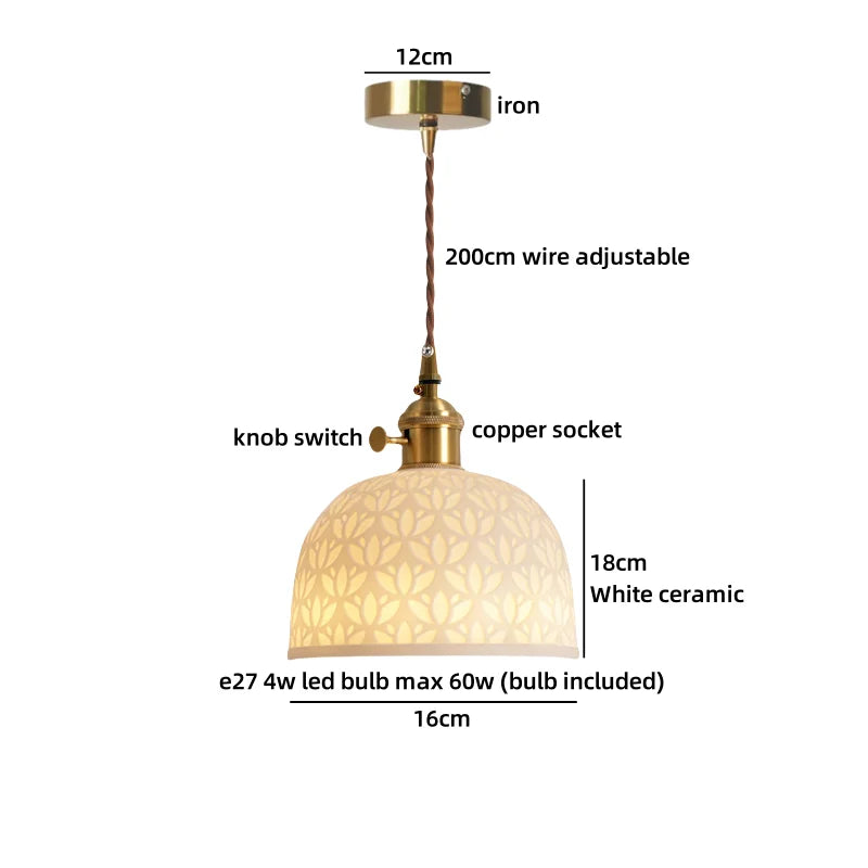 Pendant light with measurements and features on a white background