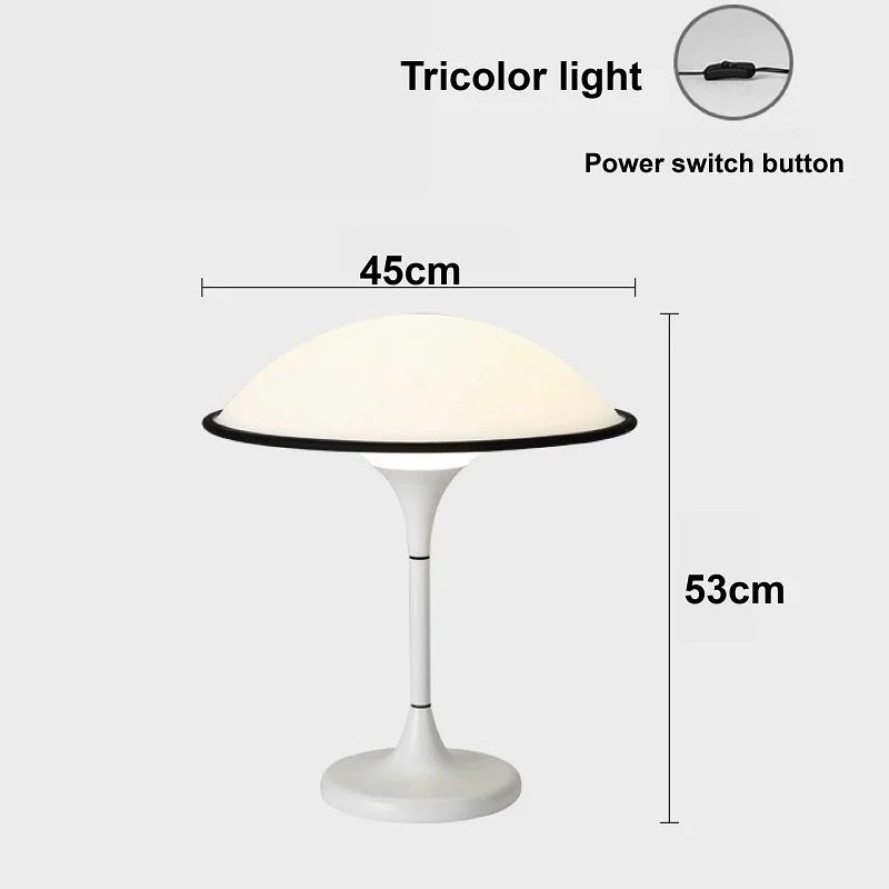 Table lamp with dimensions and features labeled on a white background