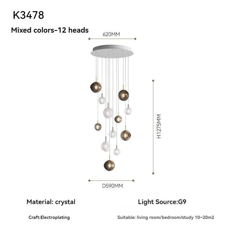 Pendant light fixture with dimensions and specifications on a white background