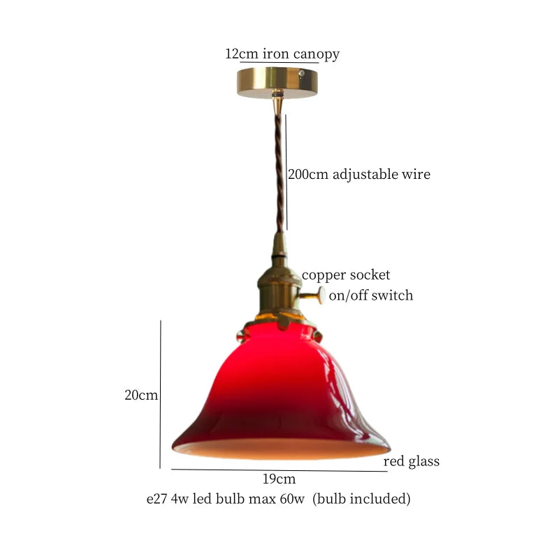 Red pendant light with labeled parts on a white background