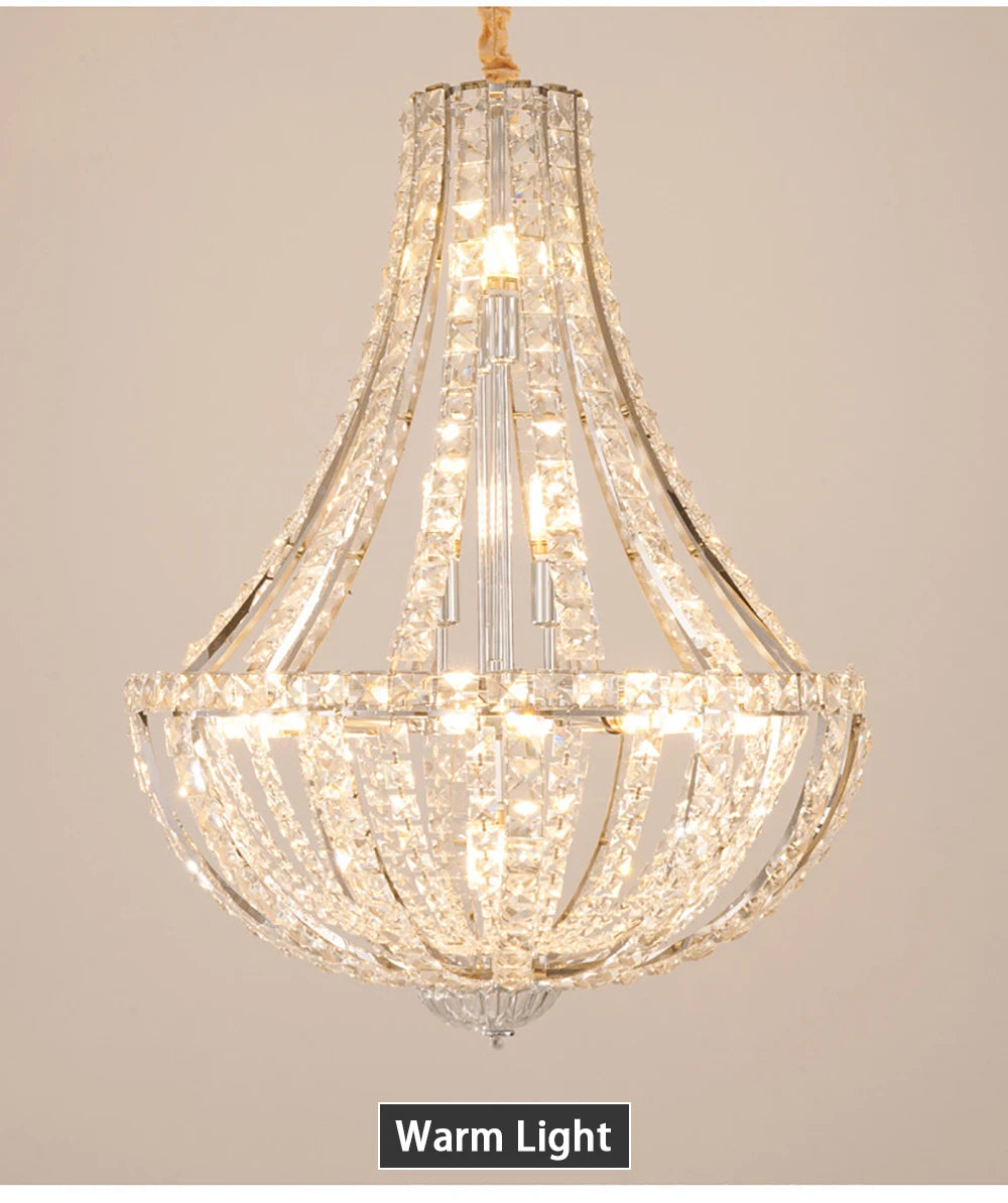 Crystal chandelier with warm light label on a beige background