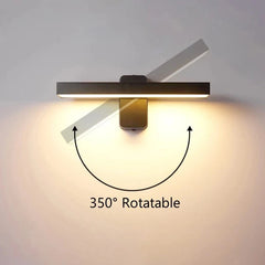 Black rotatable LED wall sconce with a rotational arc indicating 350� movement.