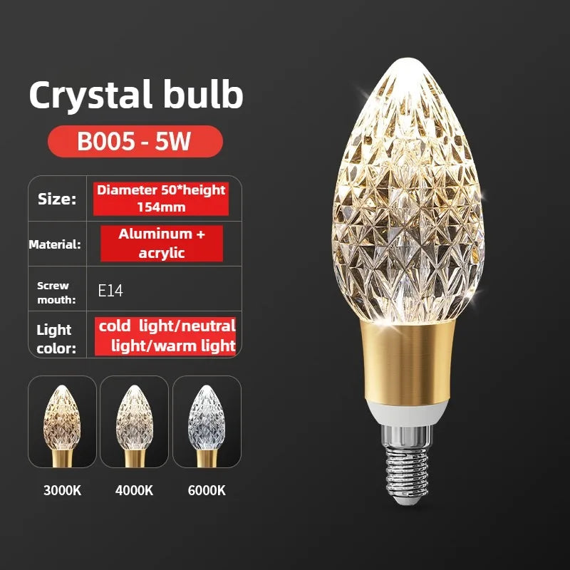 Crystal light bulb with specifications on a dark background
