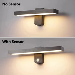 Split image comparing a wall sconce without a sensor (top) and with a sensor (bottom).