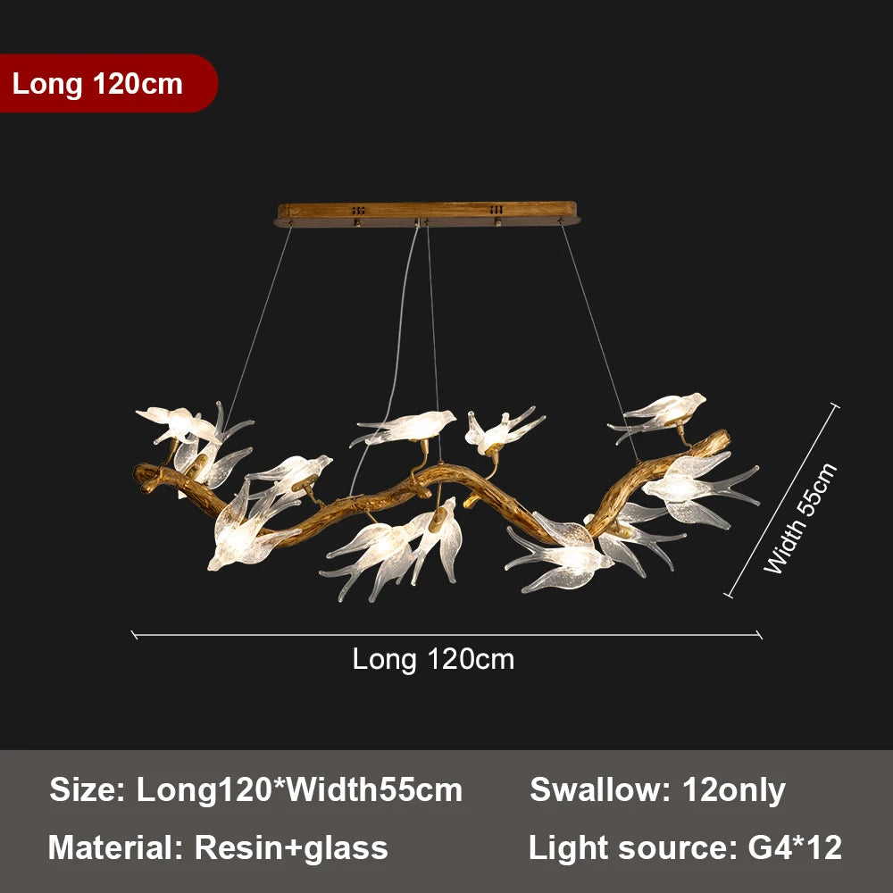 Chandelier with birds on a branch, dimensions shown, on a black background