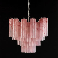 Pink toned frosted glass tube chandelier with a chrome frame, seen from a side angle.