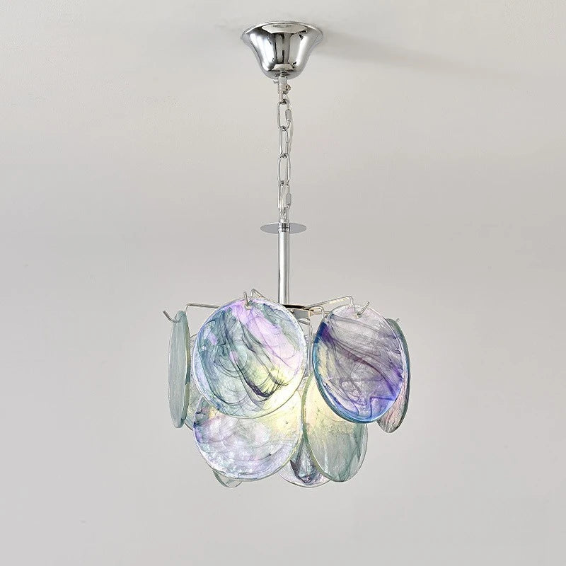 An angled view of the colorful glass disc pendant light showcasing its multi-layered design.