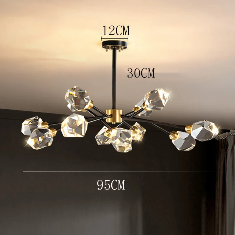 Modern chandelier with crystal-like lampshades on a plain background