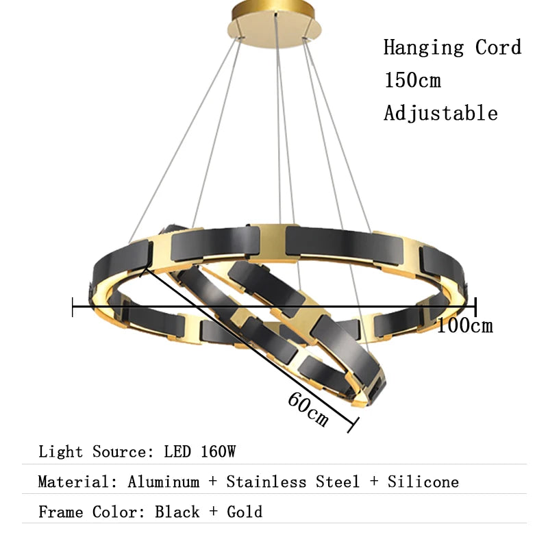 Chandelier with black and gold design, hanging cord measurements, and material details on a white background.
