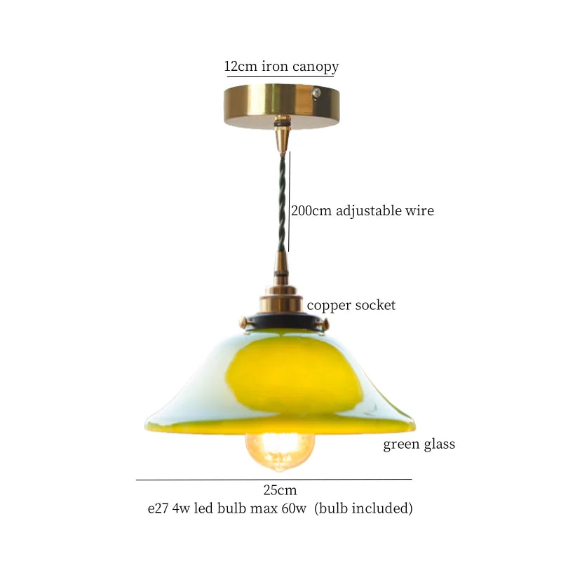 Yellow pendant light with labeled components on a white background