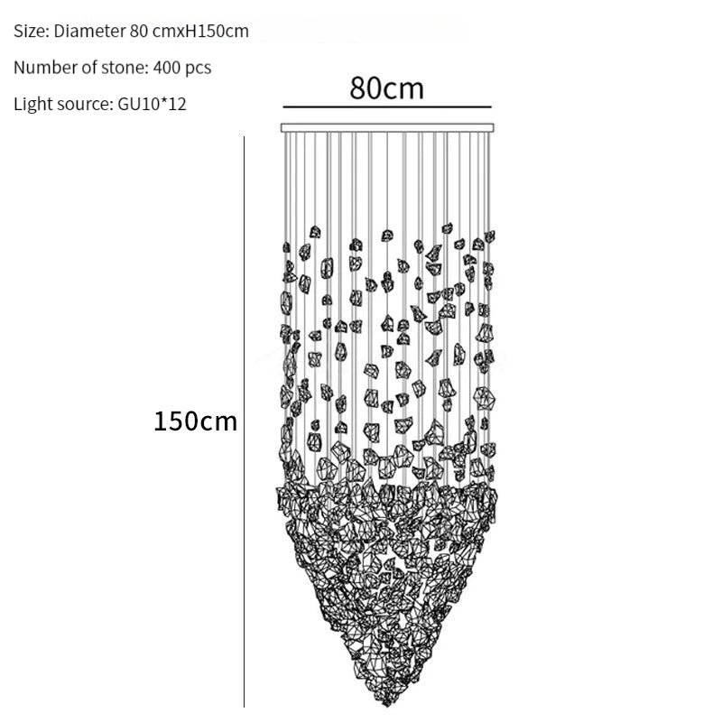 Measurement chart of a decorative hanging item with dimensions and stone count.