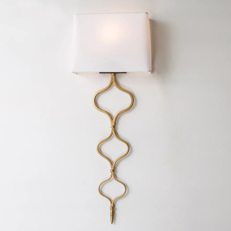 Close-up of a gold wall sconce featuring an ornate quatrefoil chain and a white fabric shade against a white wall.
