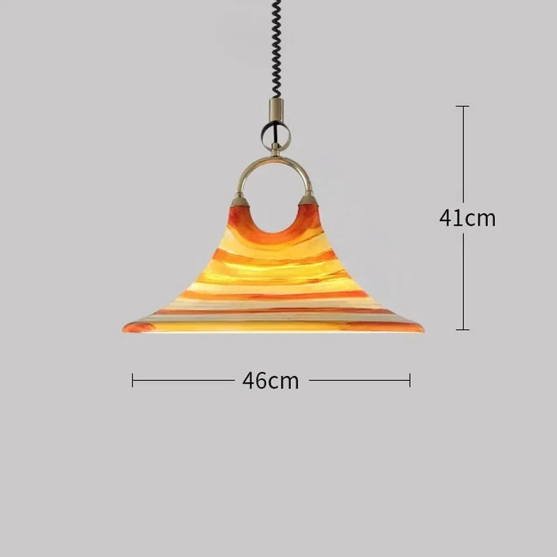 Pendant light with a striped design and measurements on a gray background
