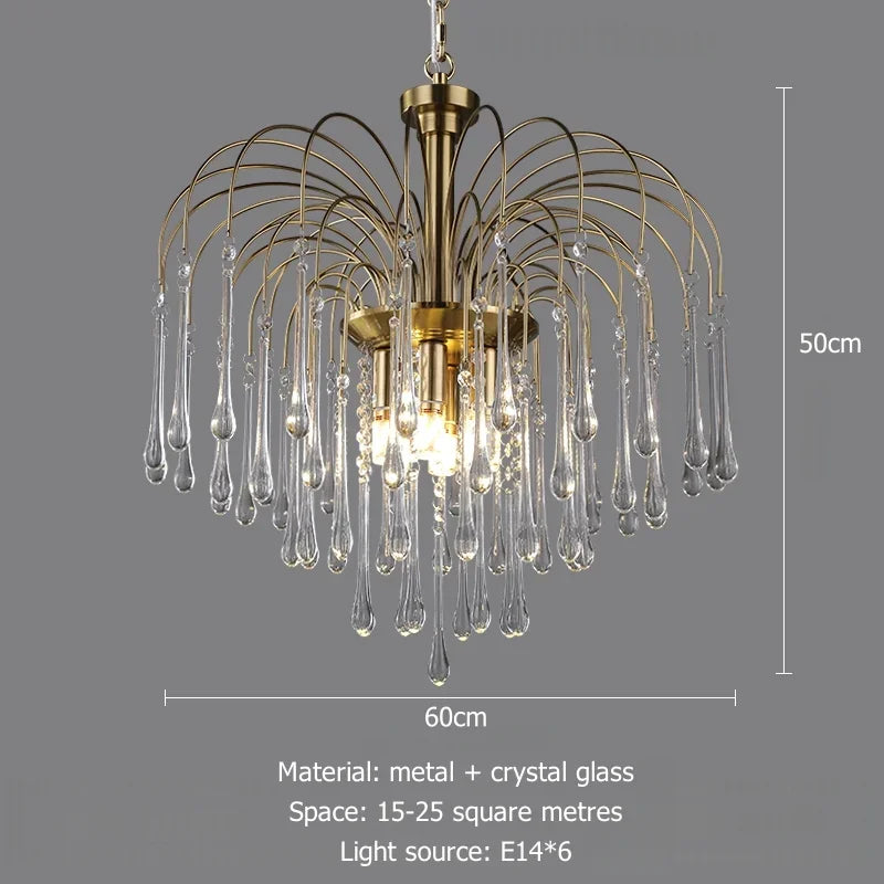 Chandelier with crystal droplets and dimensions on a gray background