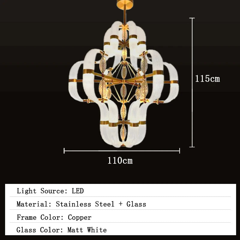 Chandelier with dimensions and product details on a black background