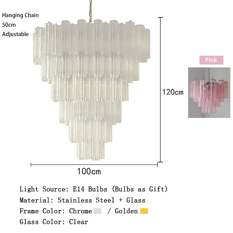 Chandelier with dimensions and material details on a white background