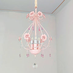Side view of a pink floral crystal pendant light showing the E14 bulb sockets and crystal details.