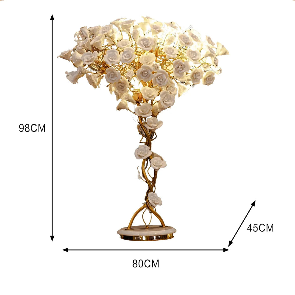 Decorative table lamp with floral design and measurements on a white background