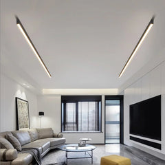 Interior view showcasing a white linear bar ceiling light illuminating a contemporary living space.