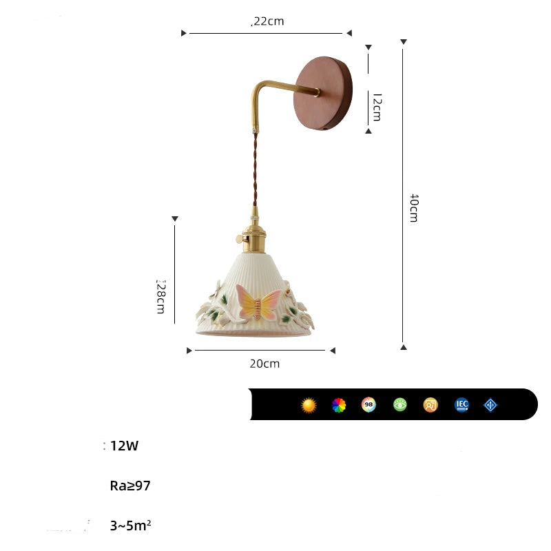 Wall lamp with dimensions and features on a white background