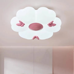 A white flower cloud semi-flush mount ceiling light with pink butterflies, viewed from below.