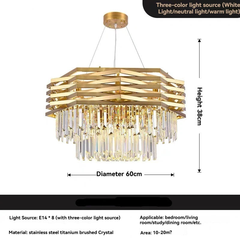 Gold chandelier with crystal accents, dimensions, and material details on a white background