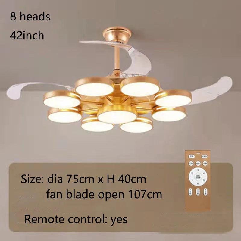Ceiling fan with light fixture and remote control on a neutral background