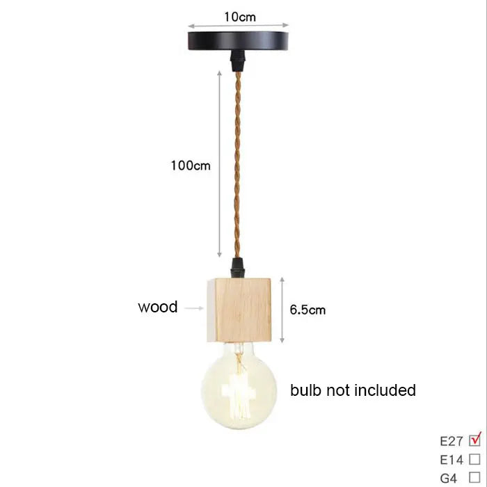 Pendant light with wooden shade and bulb, dimensions shown, bulb not included