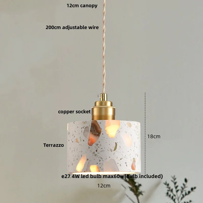 Pendant light with labeled parts and dimensions on a neutral background