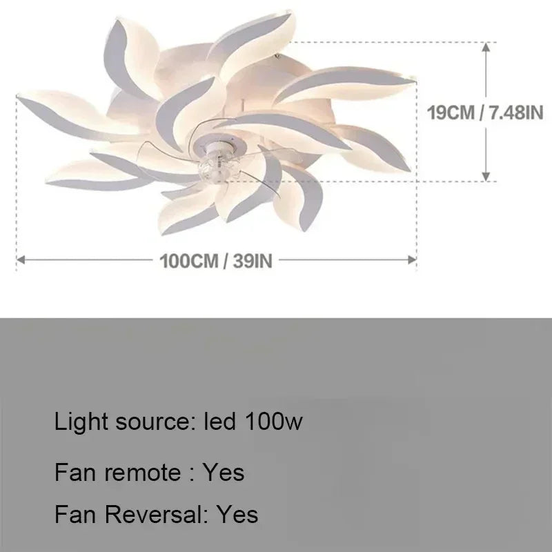 Ceiling fan with dimensions and light source details on a white background