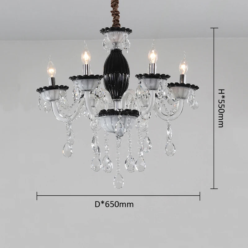 A black and crystal candelabra chandelier with dimensions indicated: Height 550mm and Diameter 650mm.