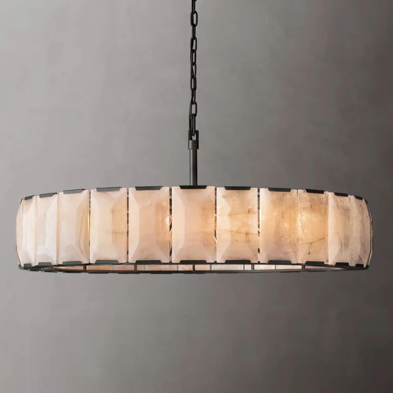 Chandelier with a beige glass shade on a gray background