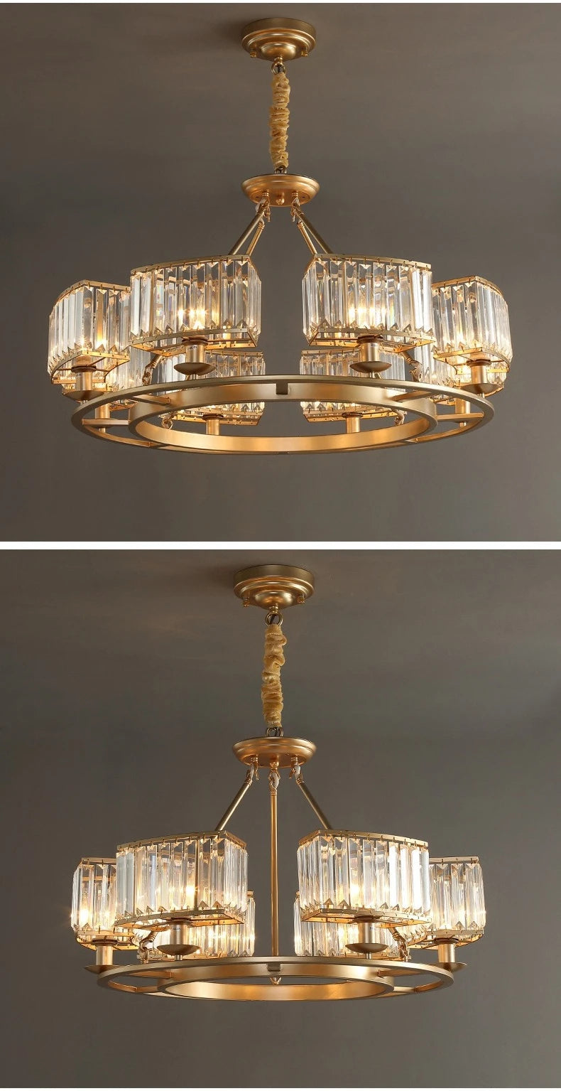 Gold chandelier with crystal-like glass shades on a dark gray background