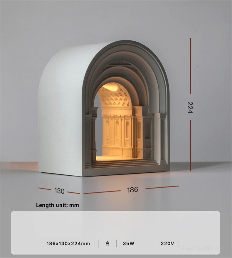 Decorative light fixture with architectural design, showing dimensions on a gray background.