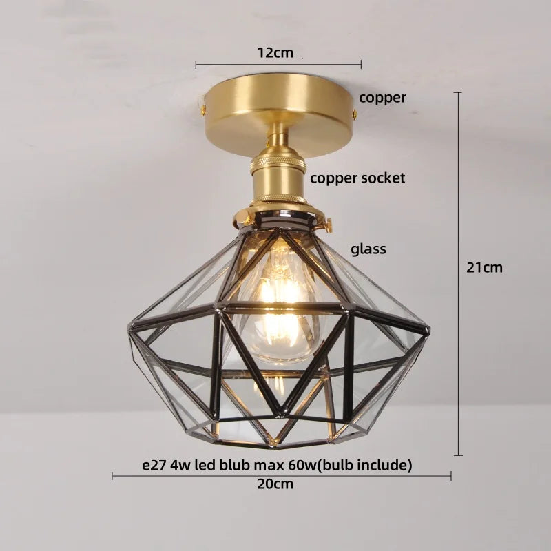 Ceiling light fixture with geometric glass shade and measurements on a gray background