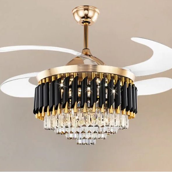 Ceiling fan with chandelier design on a beige background