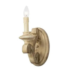 Side view of a distressed wood candle wall sconce, showcasing its curved arm and oval backplate.