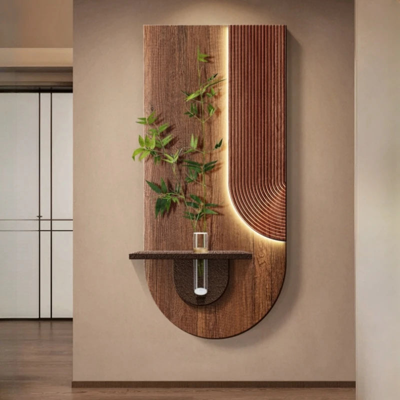 Another variation of the wood grain wall light with a more abstract curved LED channel and a plant holder, showcasing its artistic design.