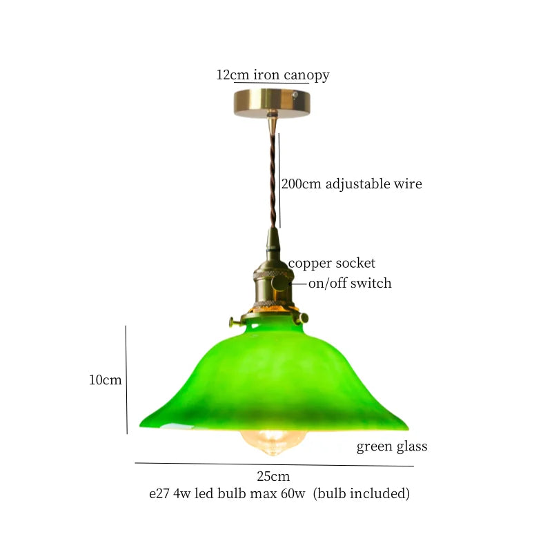 Pendant light with green glass shade and labeled components on a white background