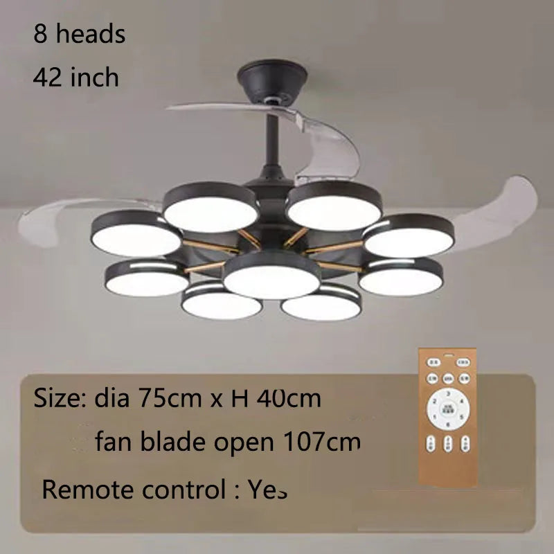 Ceiling fan with light fixture and remote control on a neutral background