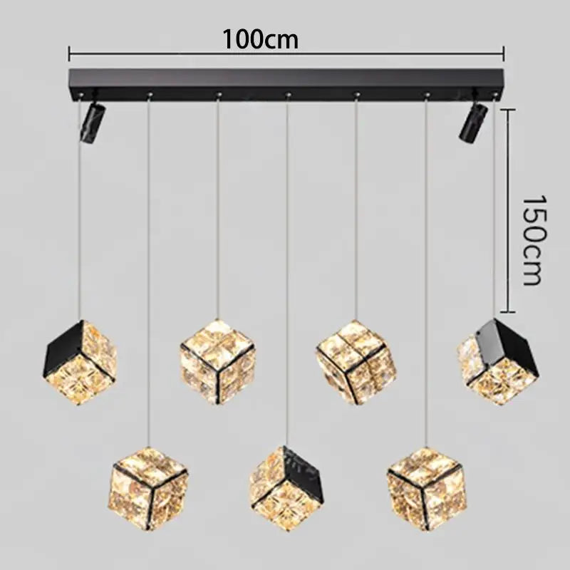 Chandelier with crystal cube lights and dimensions on a gray background