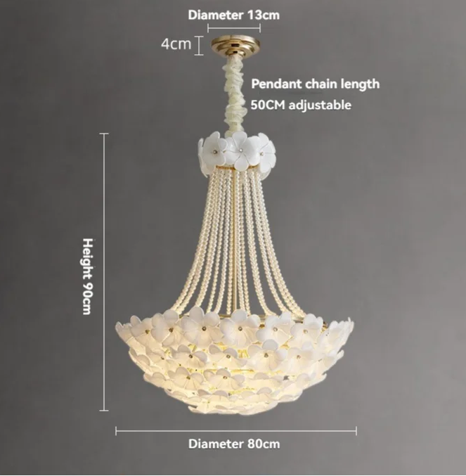 Chandelier with measurements on a gray background