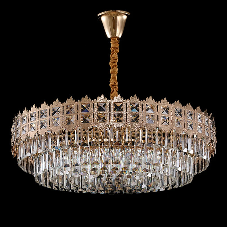 Decorative chandelier with crystal accents on a black background
