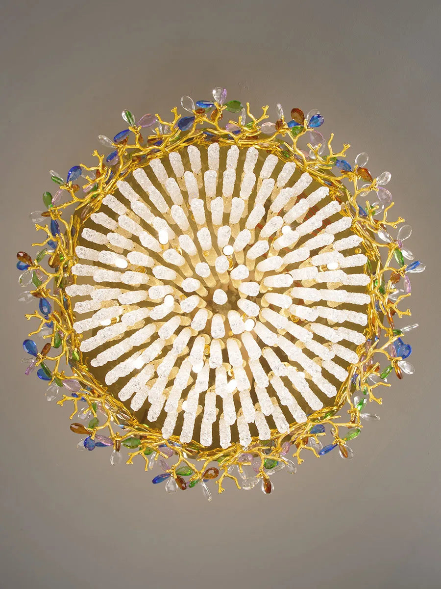 Decorative ceiling light fixture with gold frame and multicolored beads on a gray background