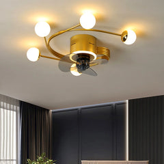 Gold ceiling fan light fixture with multiple globes and a central fan on a white ceiling