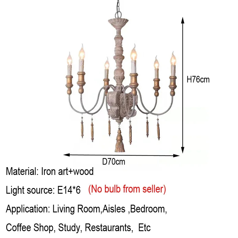 A diagram showing the dimensions and specifications of a distressed wood tassel candle chandelier, indicating a diameter of 70cm and height of 76cm.