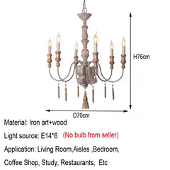 A diagram showing the dimensions and specifications of a distressed wood tassel candle chandelier, indicating a diameter of 70cm and height of 76cm.